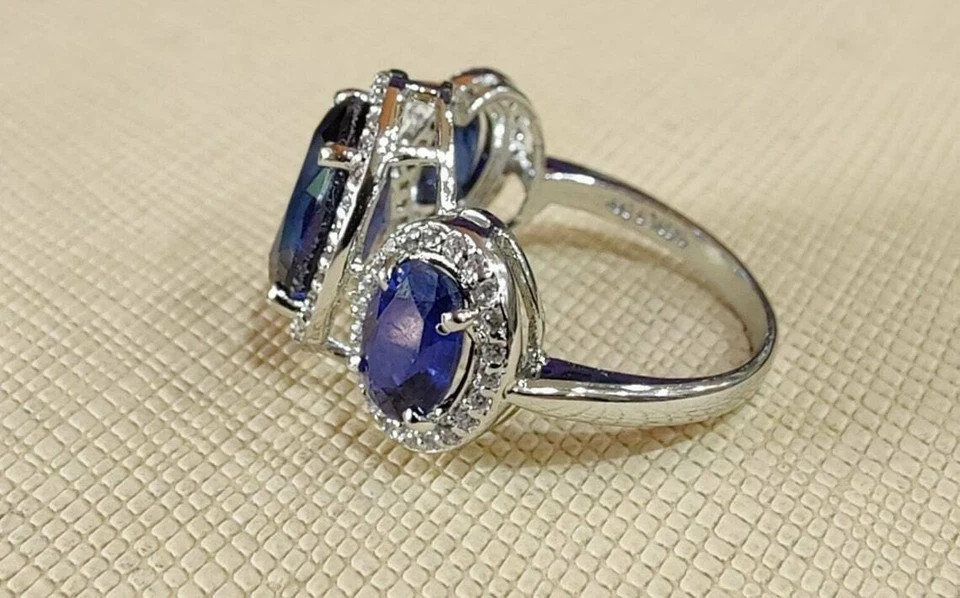 3.20Ct Oval Cut Blue Tanzanite Three Stone Engagement Ring 14K White Gold Finish