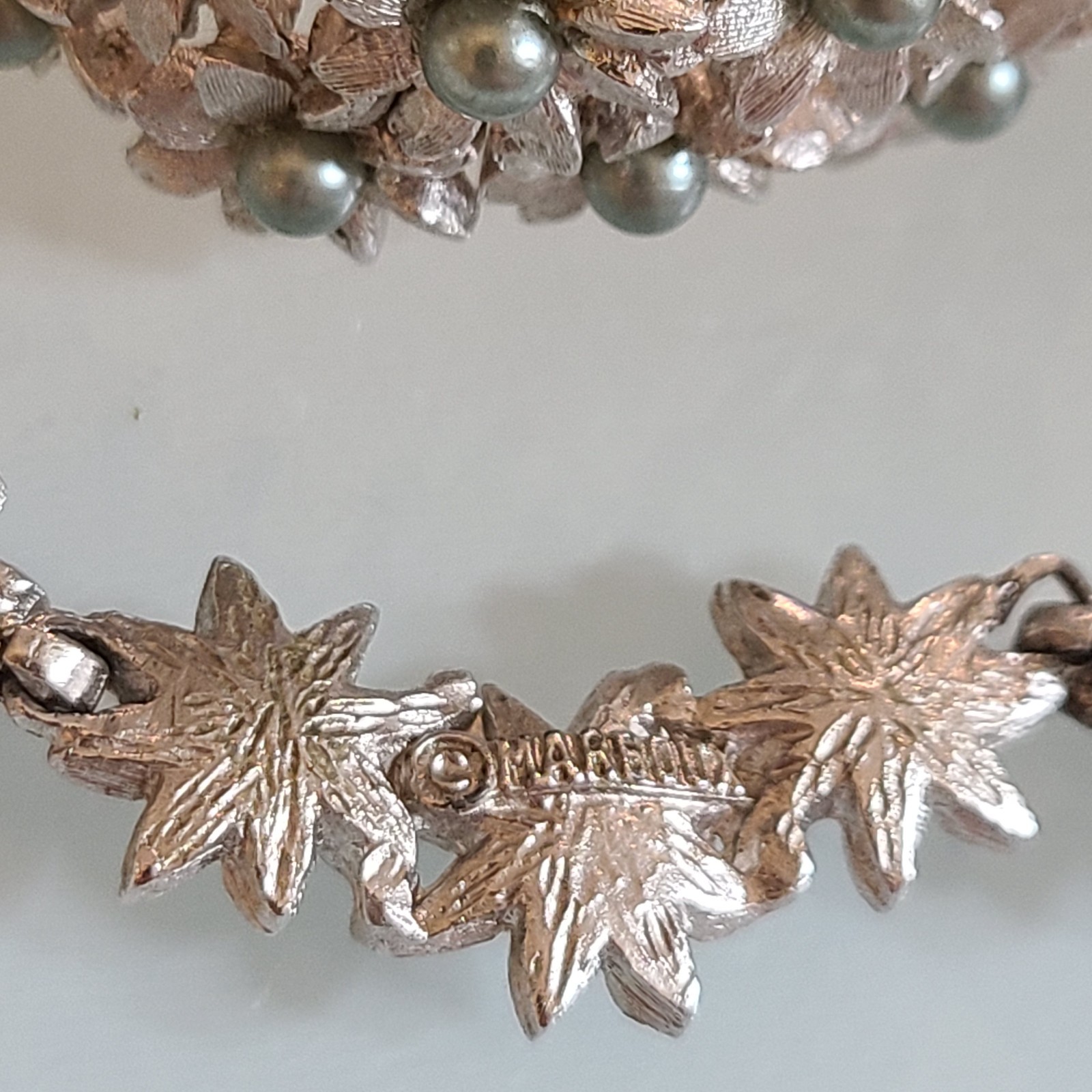Vintage Marboux BOUCHER Floral Clamper Bracelet Necklace Set Grey Green Pearl