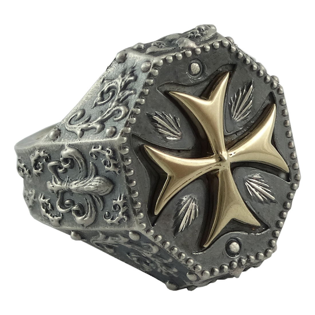 Knights Templar Maltese Cross Gold 10K and Silver 925 Men’s Ring Biker