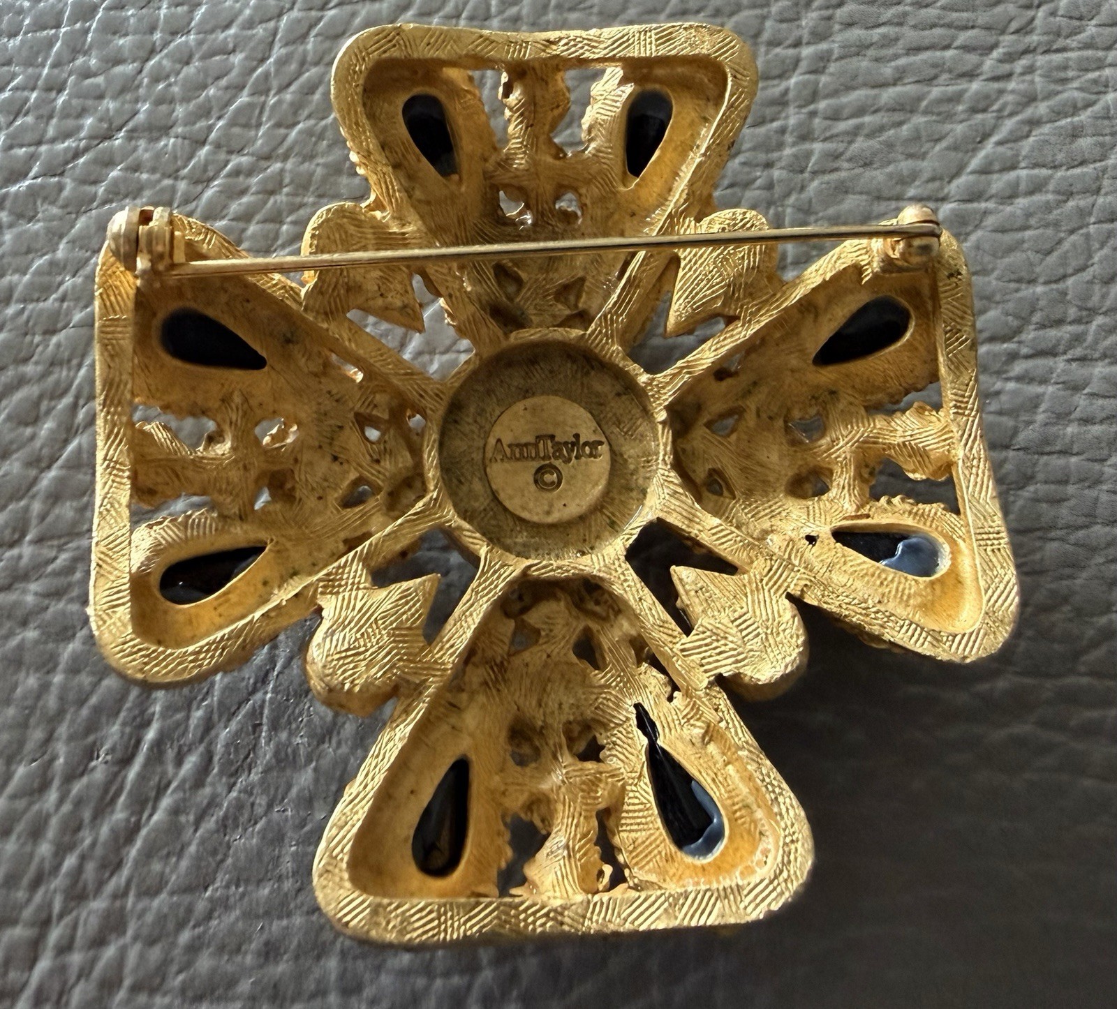 Vintage Ann Taylor Maltese Cross Rhinestone Pearl Brooch Pin Matte Gold Tone