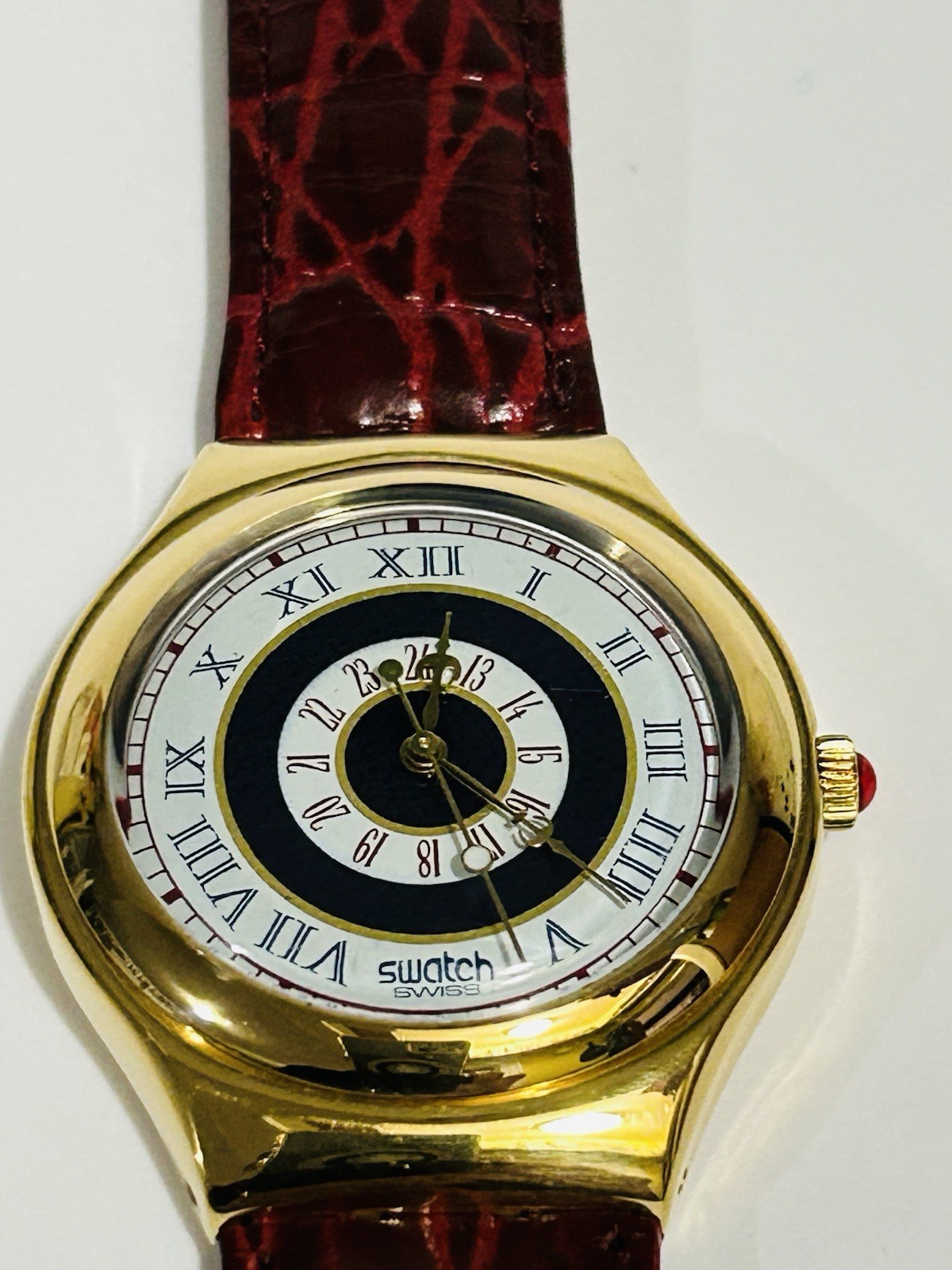 Swatch Swiss Lot of 2 Quartz Gold Tone Roman Dial Leather Strap Watches