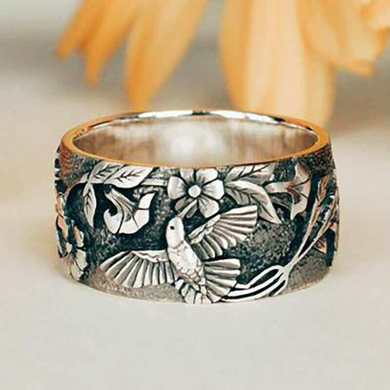 Elegant 925 Sterling Silver New Fashion Charms Hummingbird Flower Ring Size 10