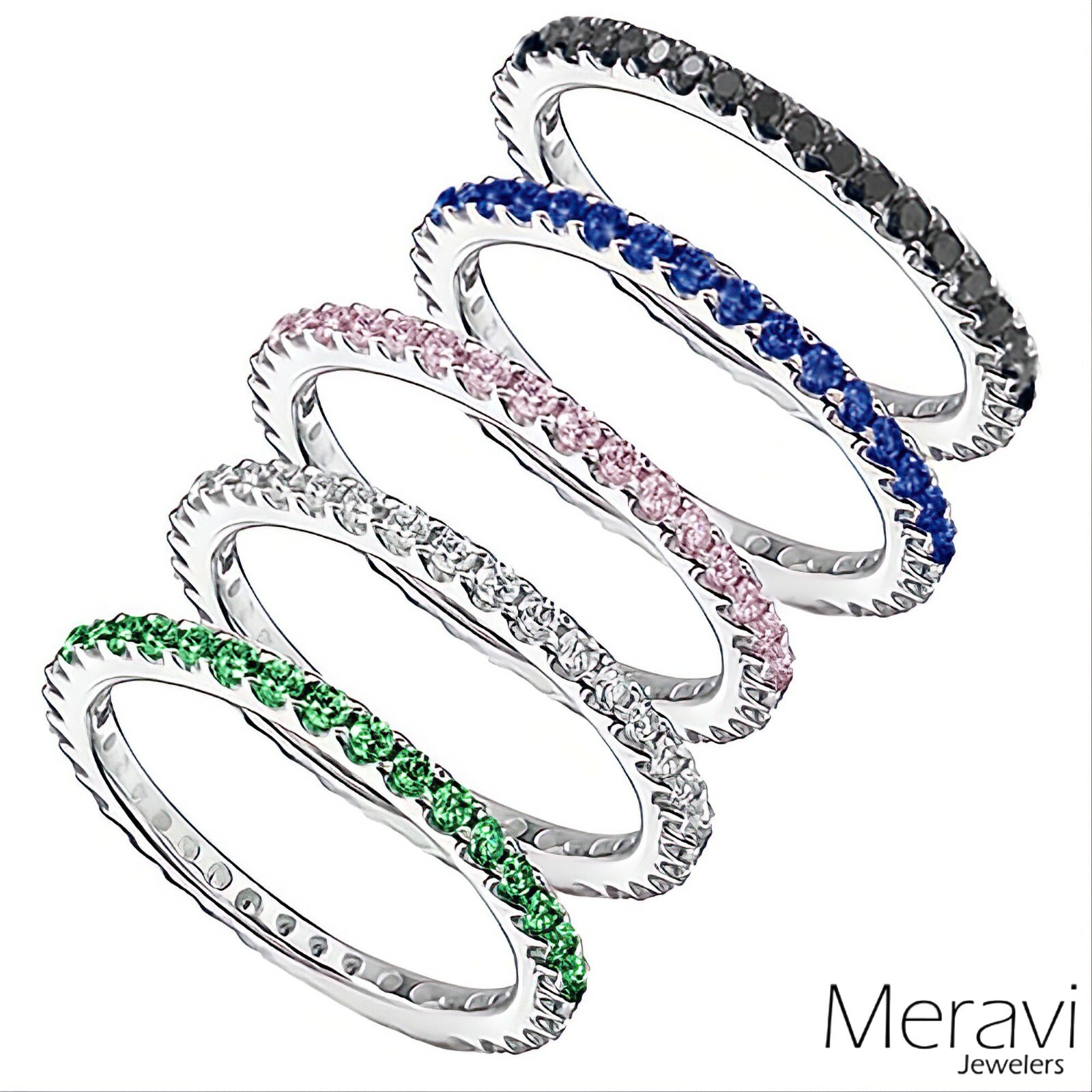 1pc Women Sterling Silver Ring Thin Eternity Band CZ Red Pink Blue Black Green