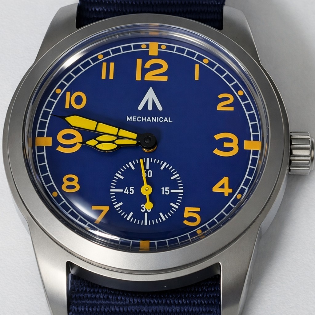 Mechanical Dirty Dozen Military watch Blasted Stainless steel blue 39mm