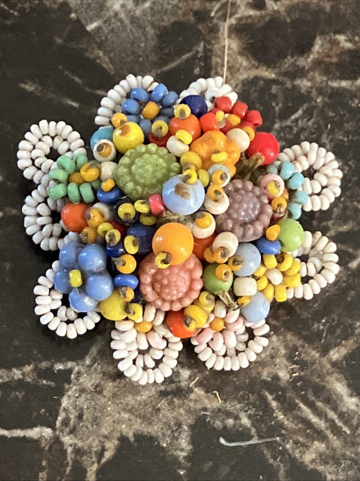 Antique Micro Seed Bead Floral Bouquet Handmade Brooch