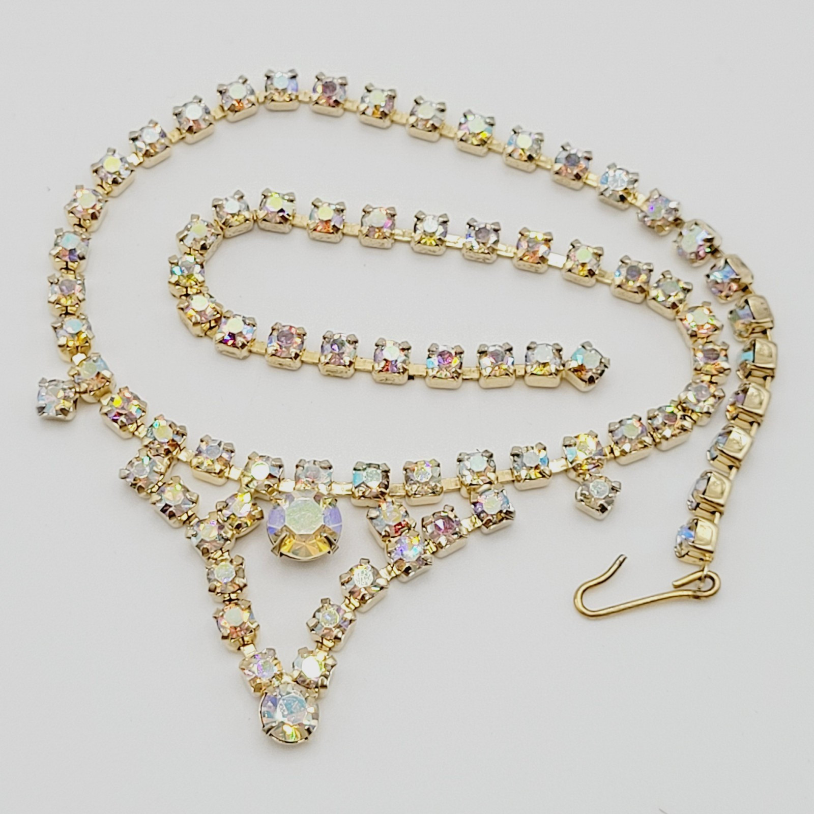 Swag or V Style Drop Choker AB Rhinestone Necklace Gold Tone Vintage 15 inch