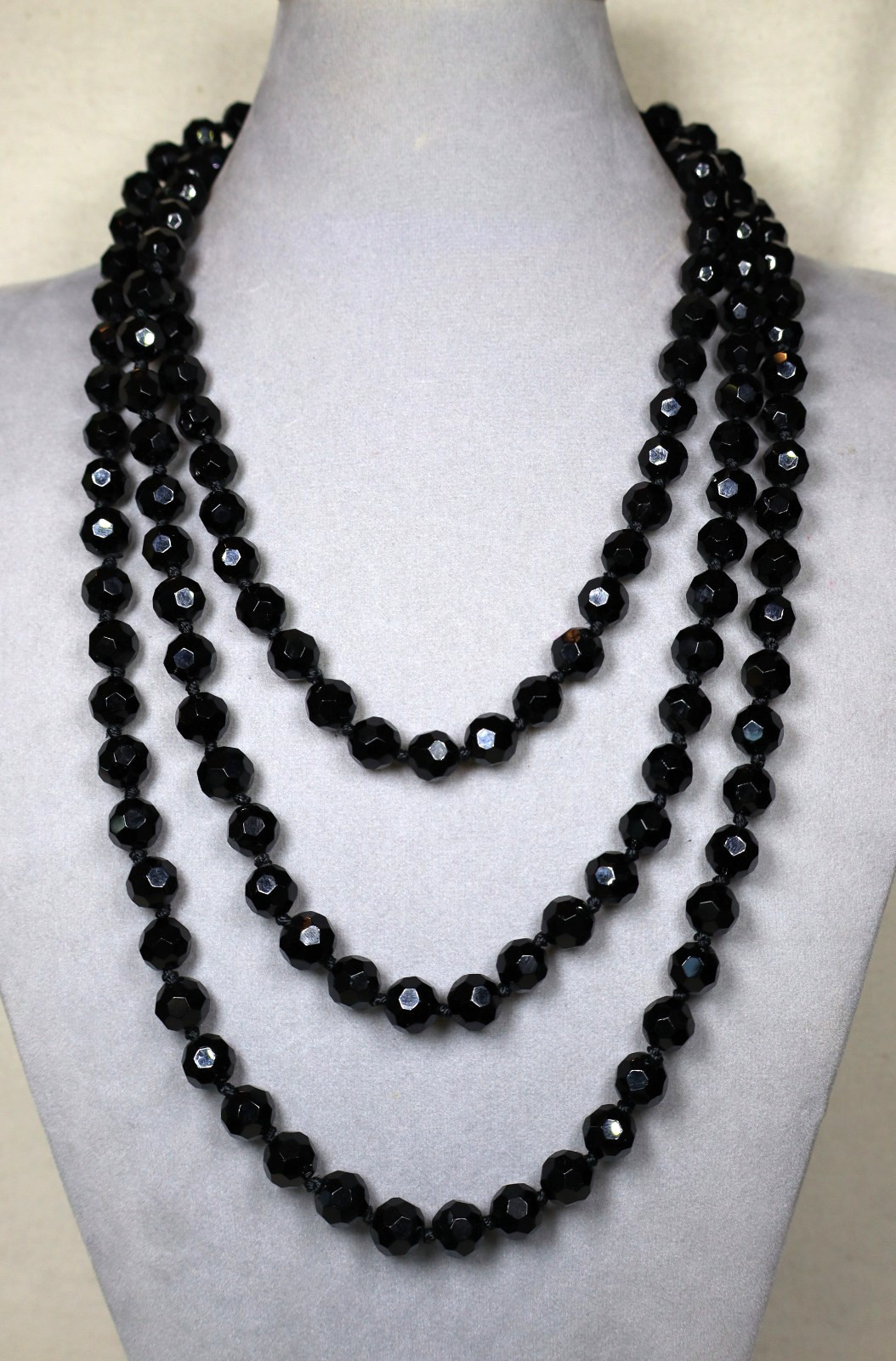 Vintage Art Deco French Jet Necklace 74″ Inch Length Faceted Black Beads