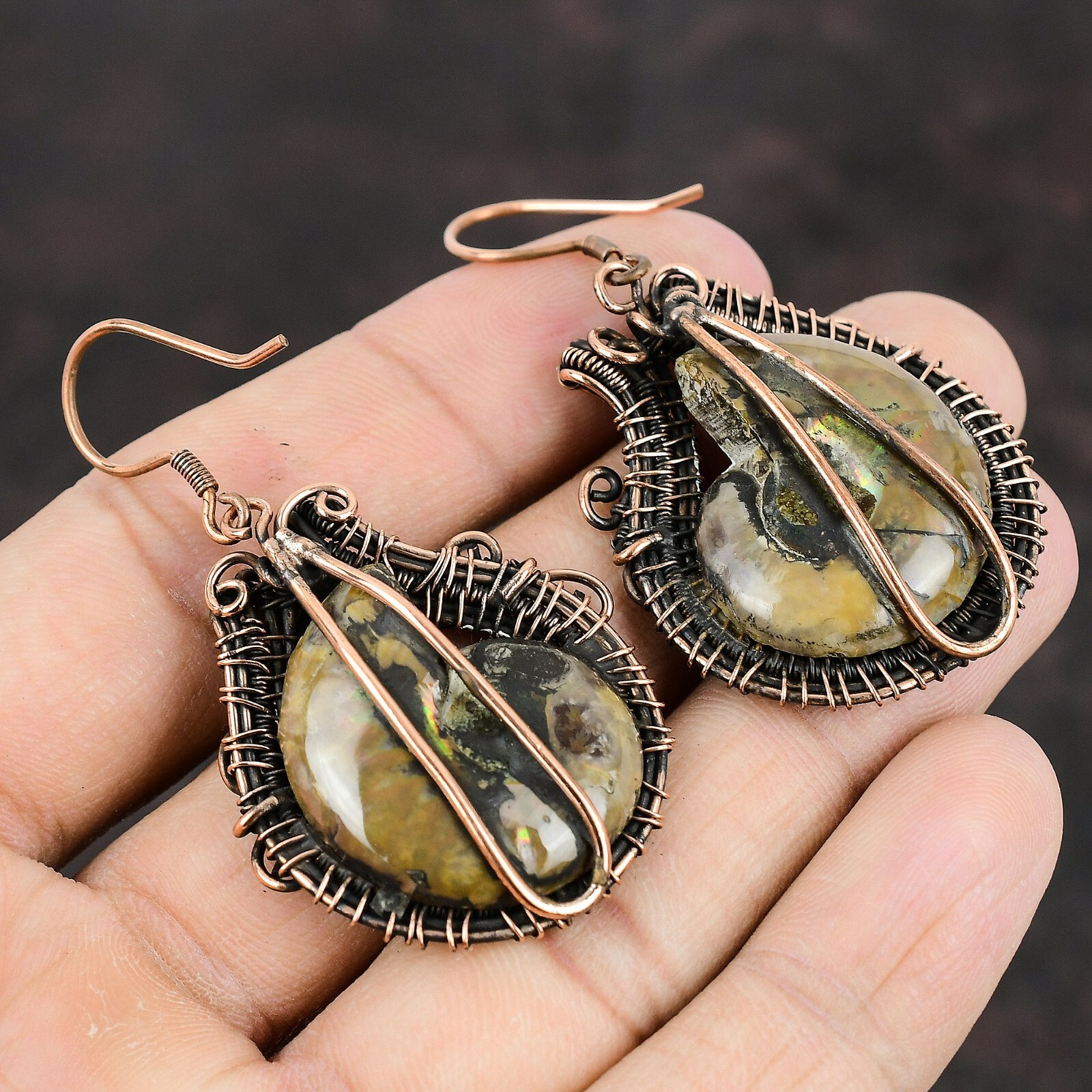 Ammonite Fossil Copper Valentine Gift Wire Wrapped Drop/Dangle Earrings 2.24″