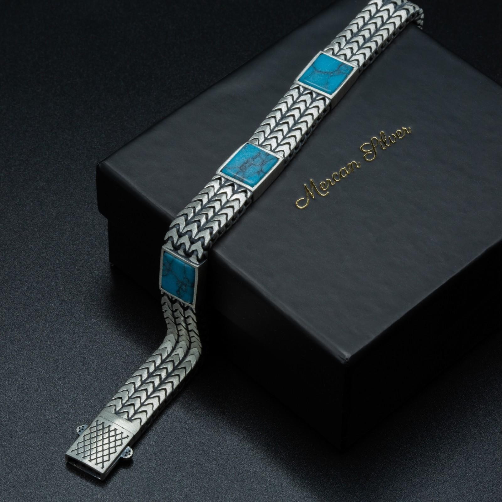 925 Men’s 925 Sterling Silver Foxtail Curb Chain Turquoise Gemstone Bracelet