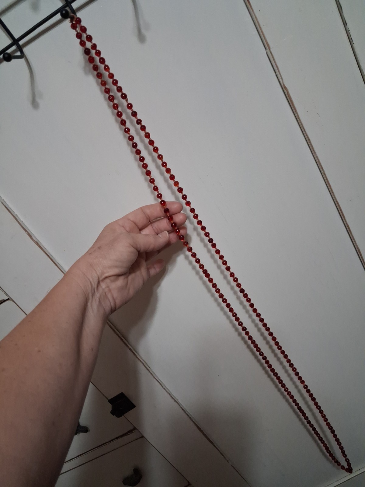 Antique Hand Tied Red Glass Bead Long Necklace