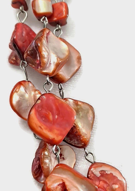 Iridescent Peach Mother of Pearl Shell 3-Strand Statement Necklace & Earring Set
