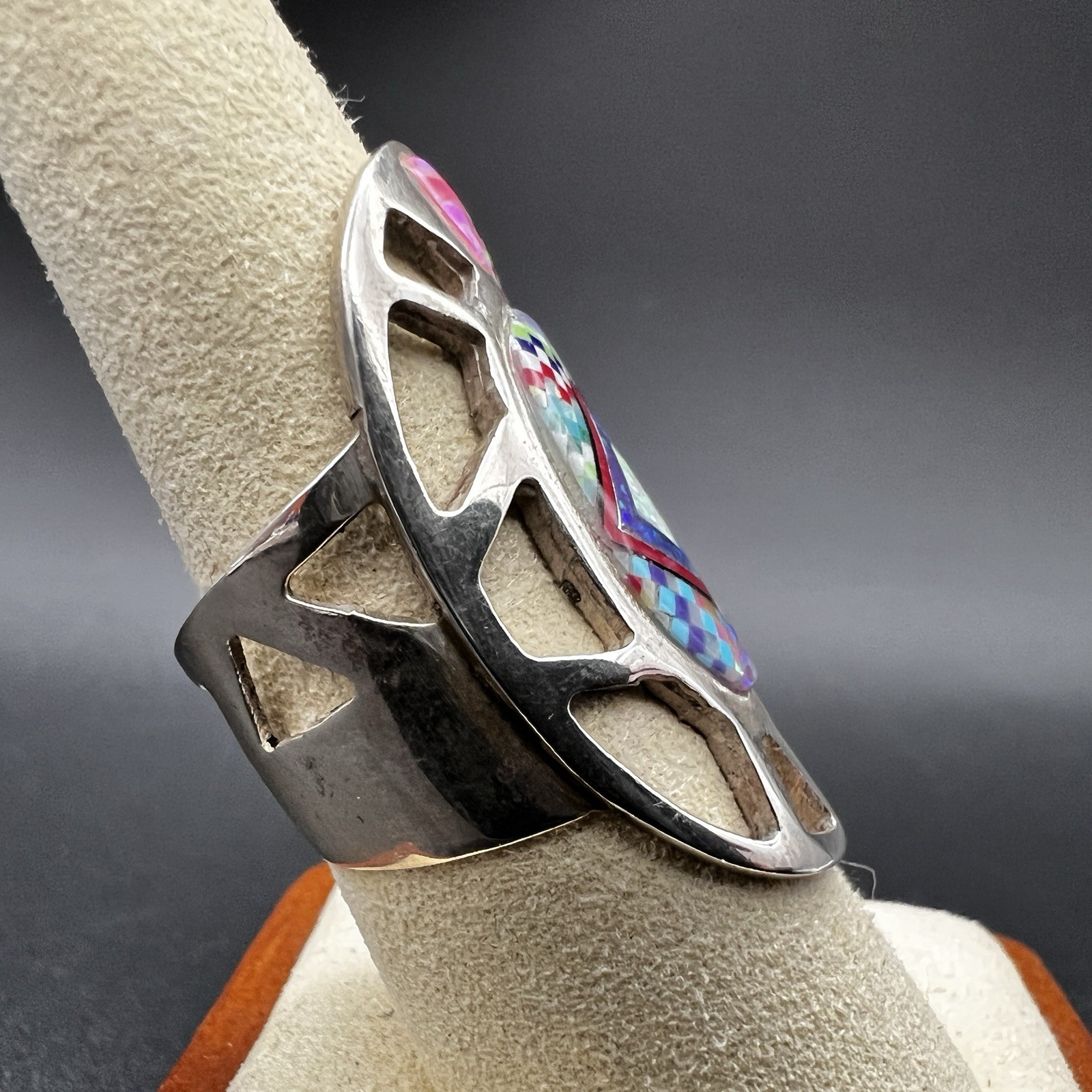 Sterling Silver Inlay Native American Ring Turquoise Opal & Other Size 7.5 10g