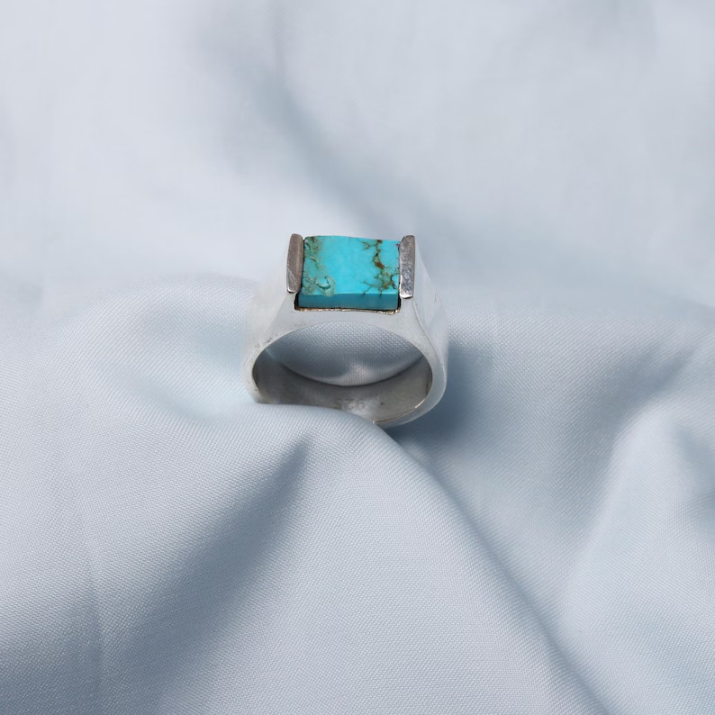 Handmade Rough Turquoise Gemstone Signet Ring: 925 Sterling Silver Men’s Ring