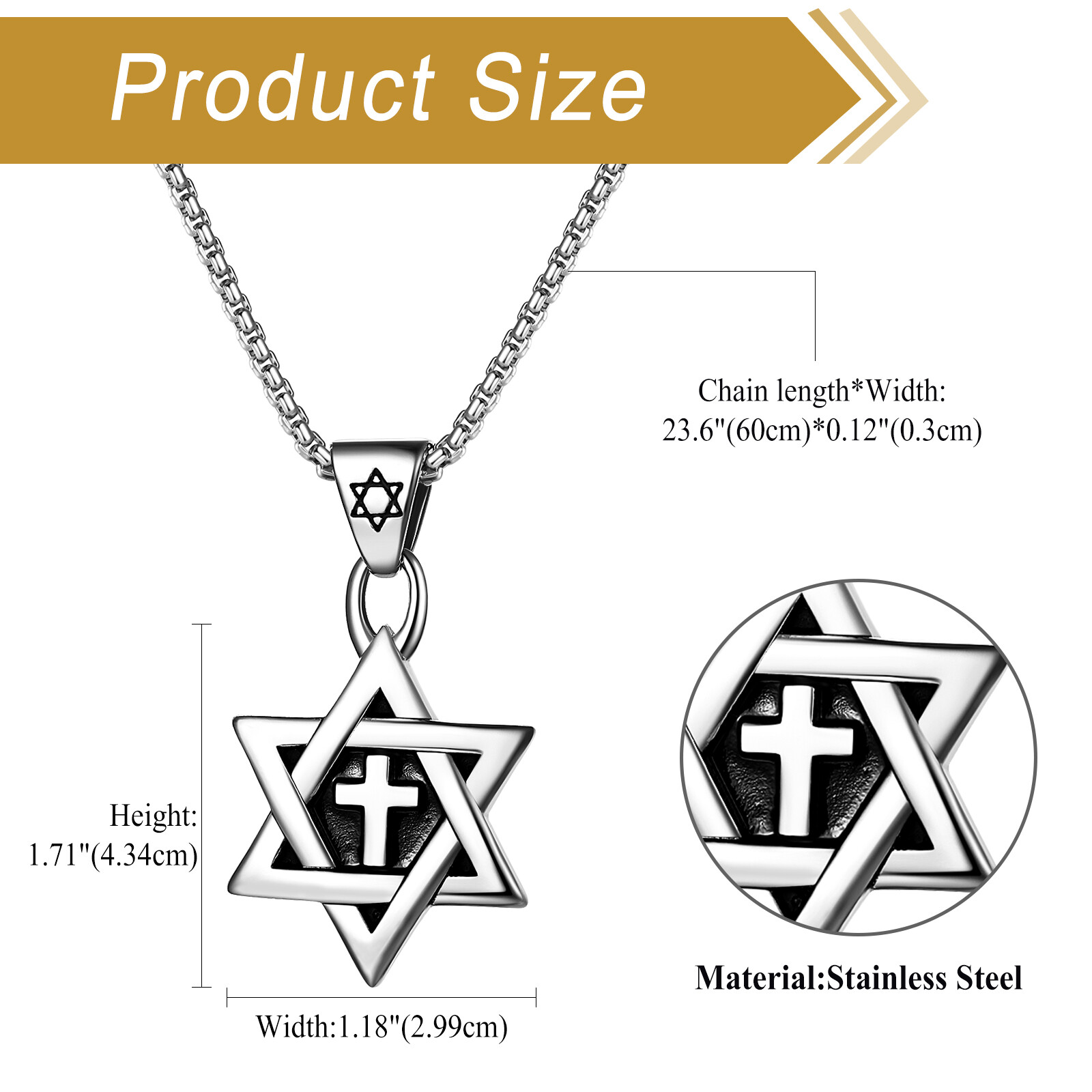 Men Jewish Israeli Star of David Cross Necklace Stainless Steel Hexagram Pendant