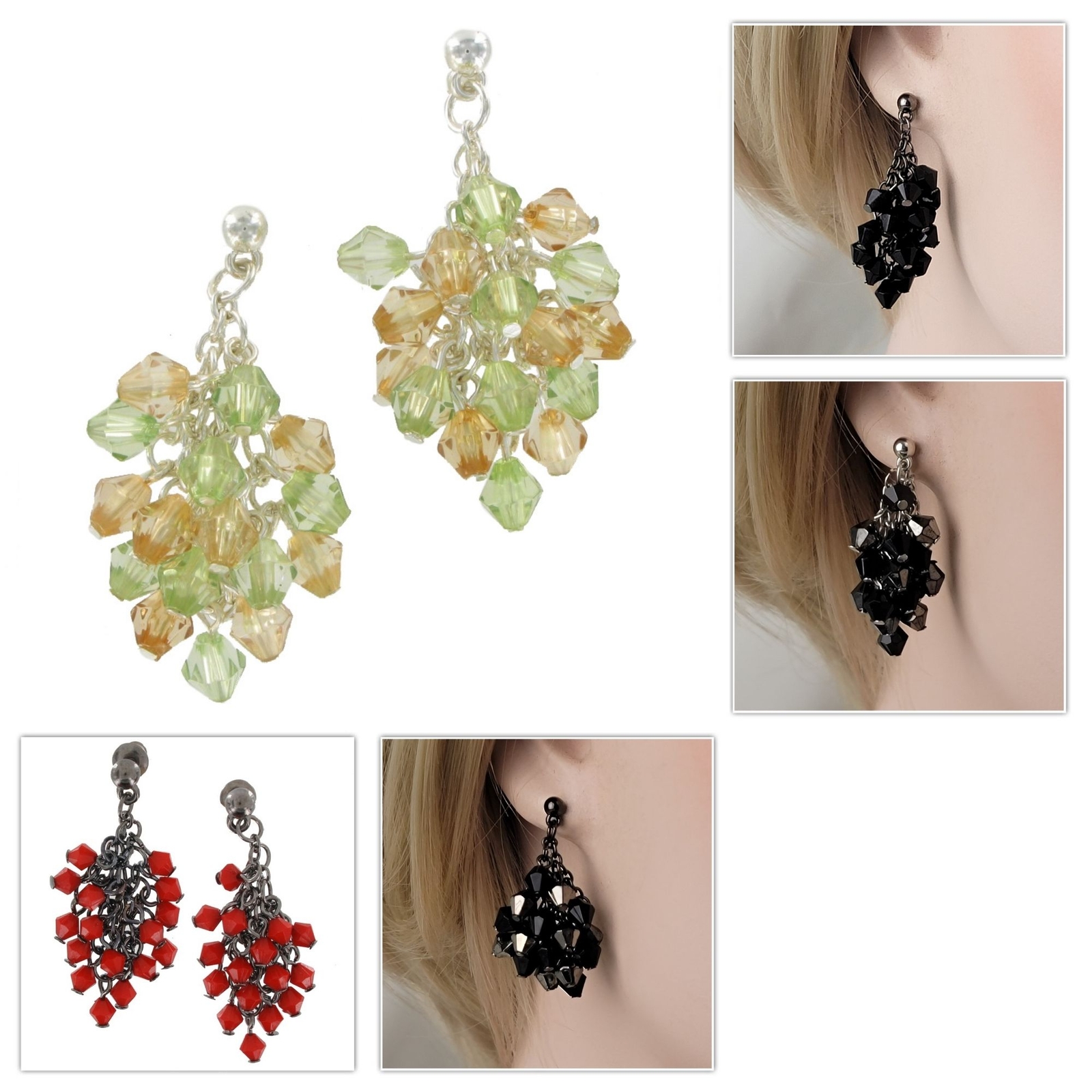 Faux Crystal Cluster Bunch Dangle Earrings Pierced – Choice Red Black Multicolor