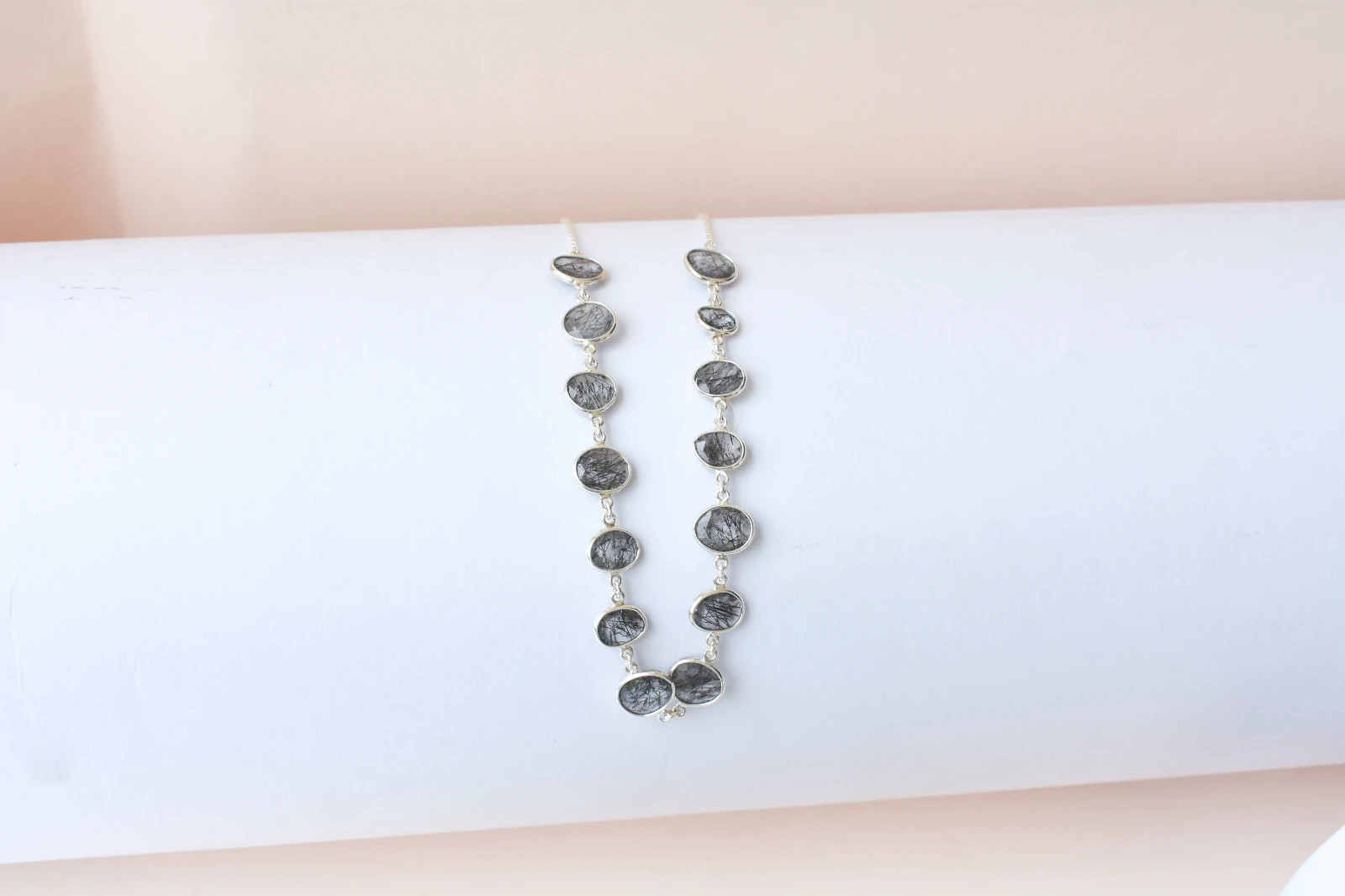 IGS Certified Black Rutilated Quartz Station Necklace, 925 Sterling Silver, Tour