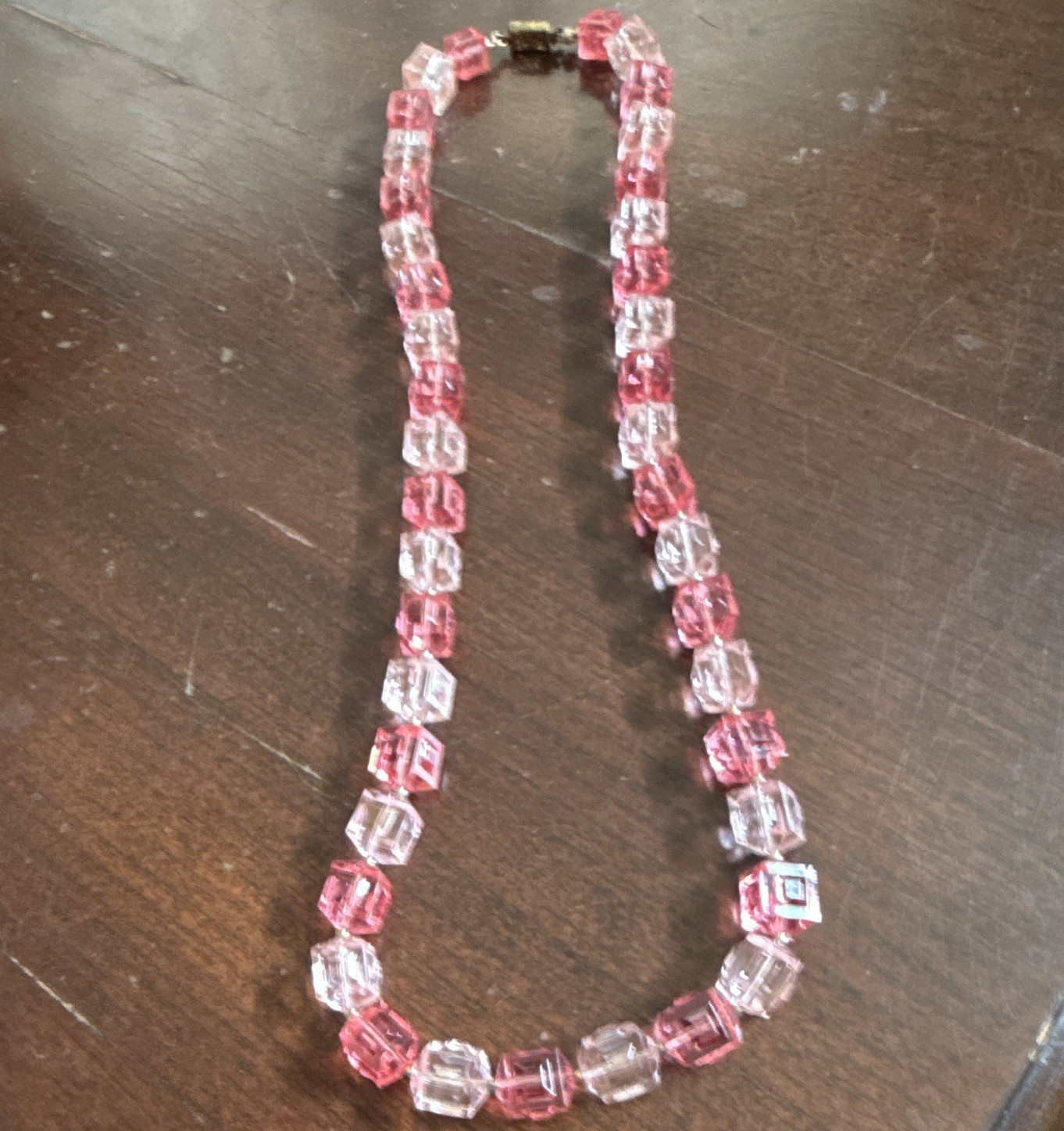 Pink & Clear Glass Cube Beaded Necklace Ball/Bead Chain Push Lock Clasp