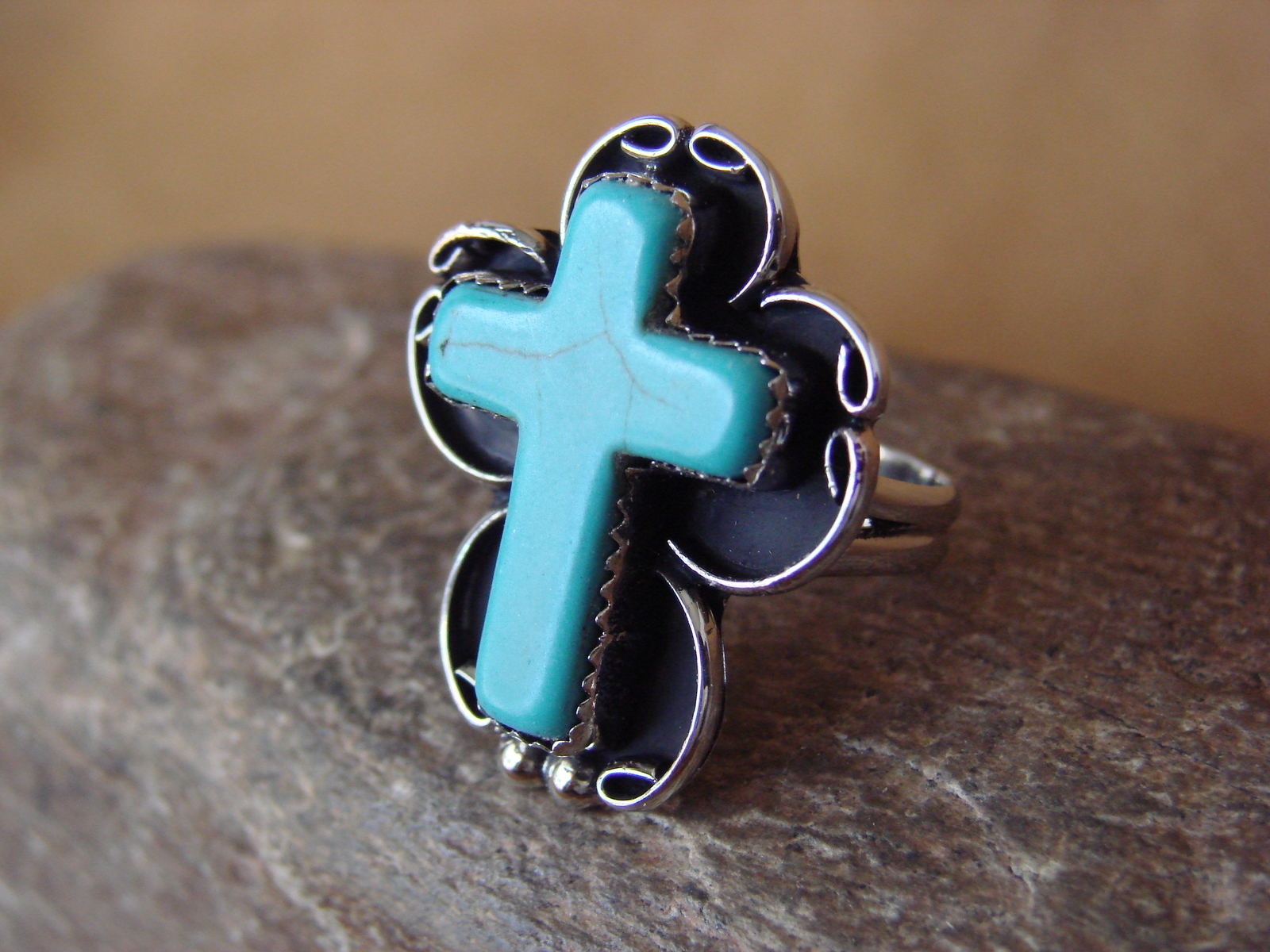 Native American Nickle Silver Turquoise Cross Ring Size 8 by Phoebe Tolta
