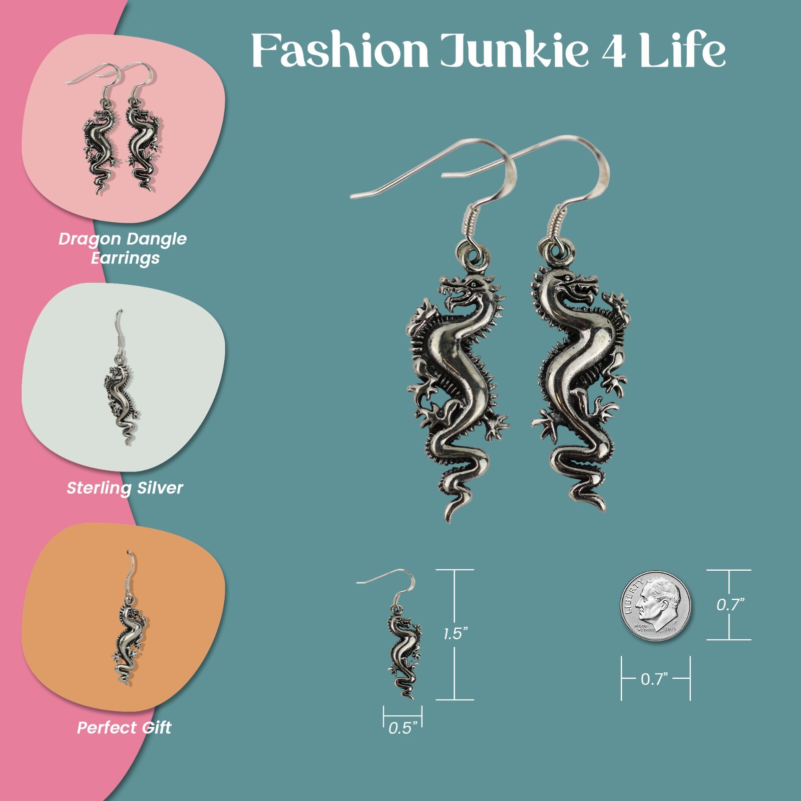 FashionJunkie4Life Sterling Silver Dangling Dragon Earrings