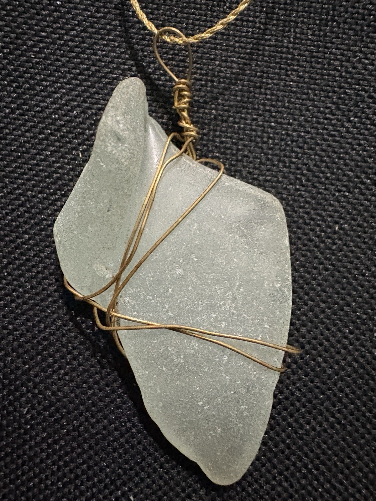 Handcrafted White Sea Glass Wire-Wrapped Pendant Necklace on Cord, Beach
