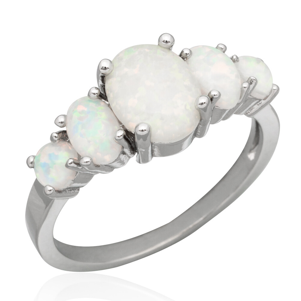 5-Stone White Fire Opal Cabochon Women Silver Jewelry Wedding Ring Size 6 7 8 9