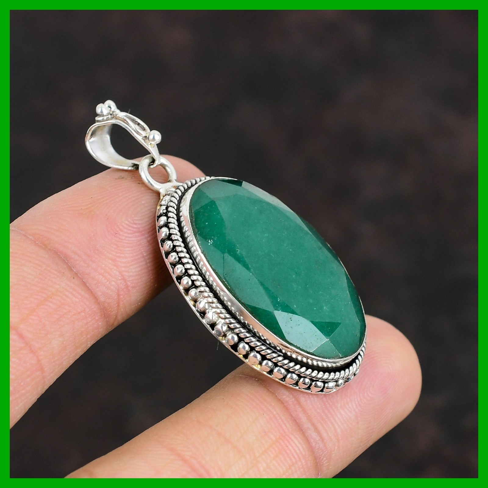 Friendship Day Deal Oval Zambian Emrald Gemstone Bezel Pendant Sterling Silver