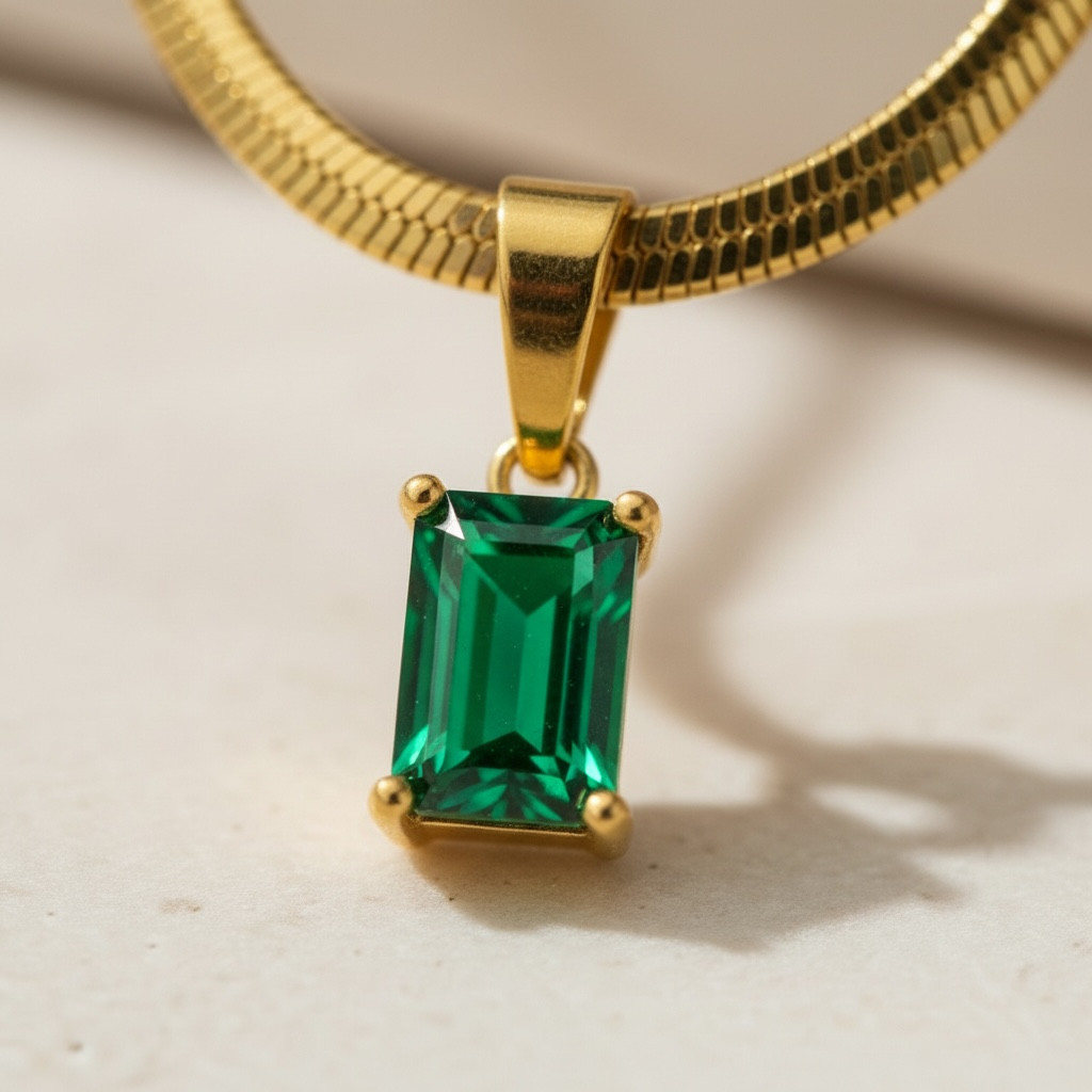 Diamond CZ Snake Chain – Emerald Cut Necklace | Dainty Herringbone | 18k Gold
