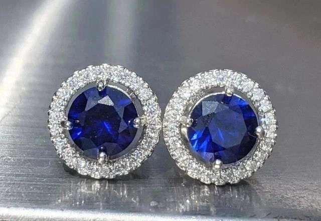 2Ct Round Lab Created Blue Sapphire Stud Earrings Womens 14K White Gold Plated