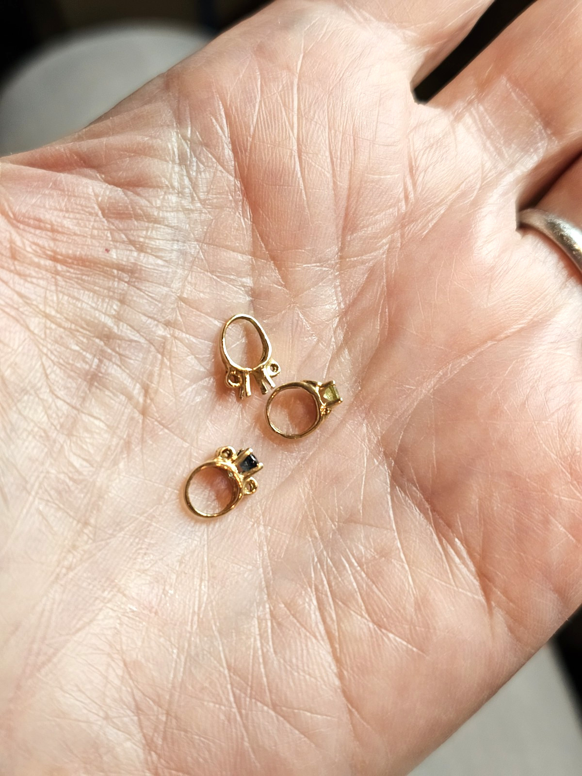 3 Tiny rings 14K yellow gold single birthstone charm sapphire, peridot .89 grams