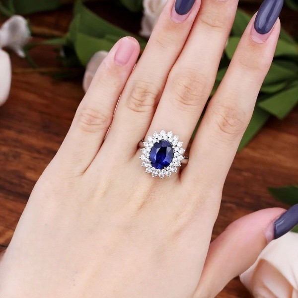 3.60 Ct Oval Natural Sapphire & Diamond Wedding Ring 14K White Gold Size 6