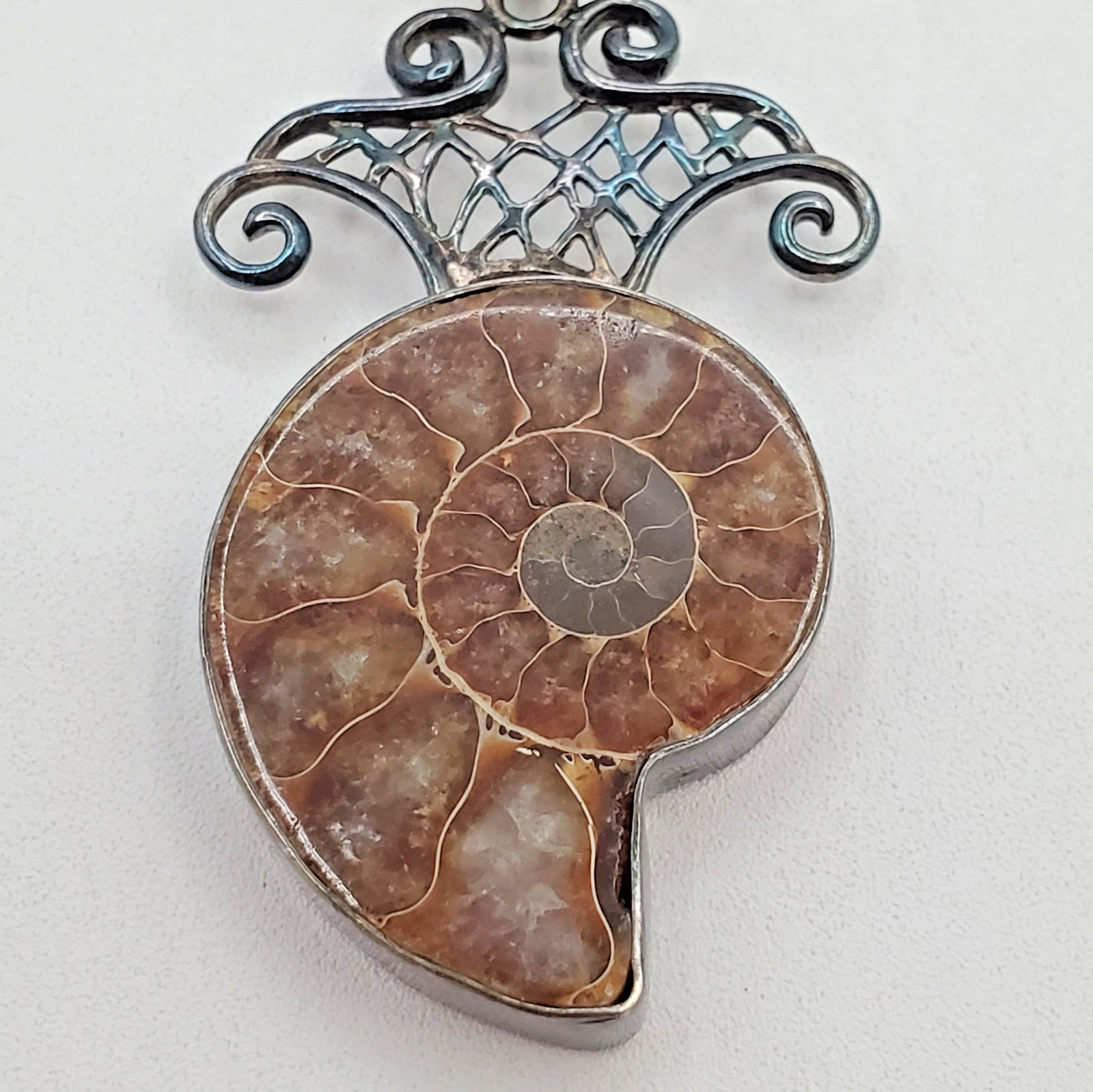 VTG 925 Ammonite Fossil Pendant Pearl Glass 16in Necklace Sterling Silver 40gtw