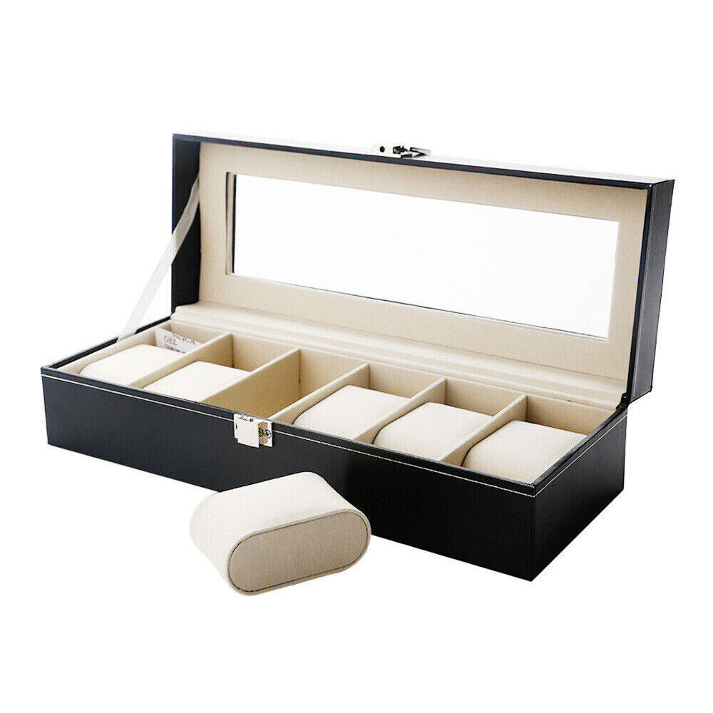Mens Watch Box Display Case Storage Organiser PU Leather Holder Glass Top Gift