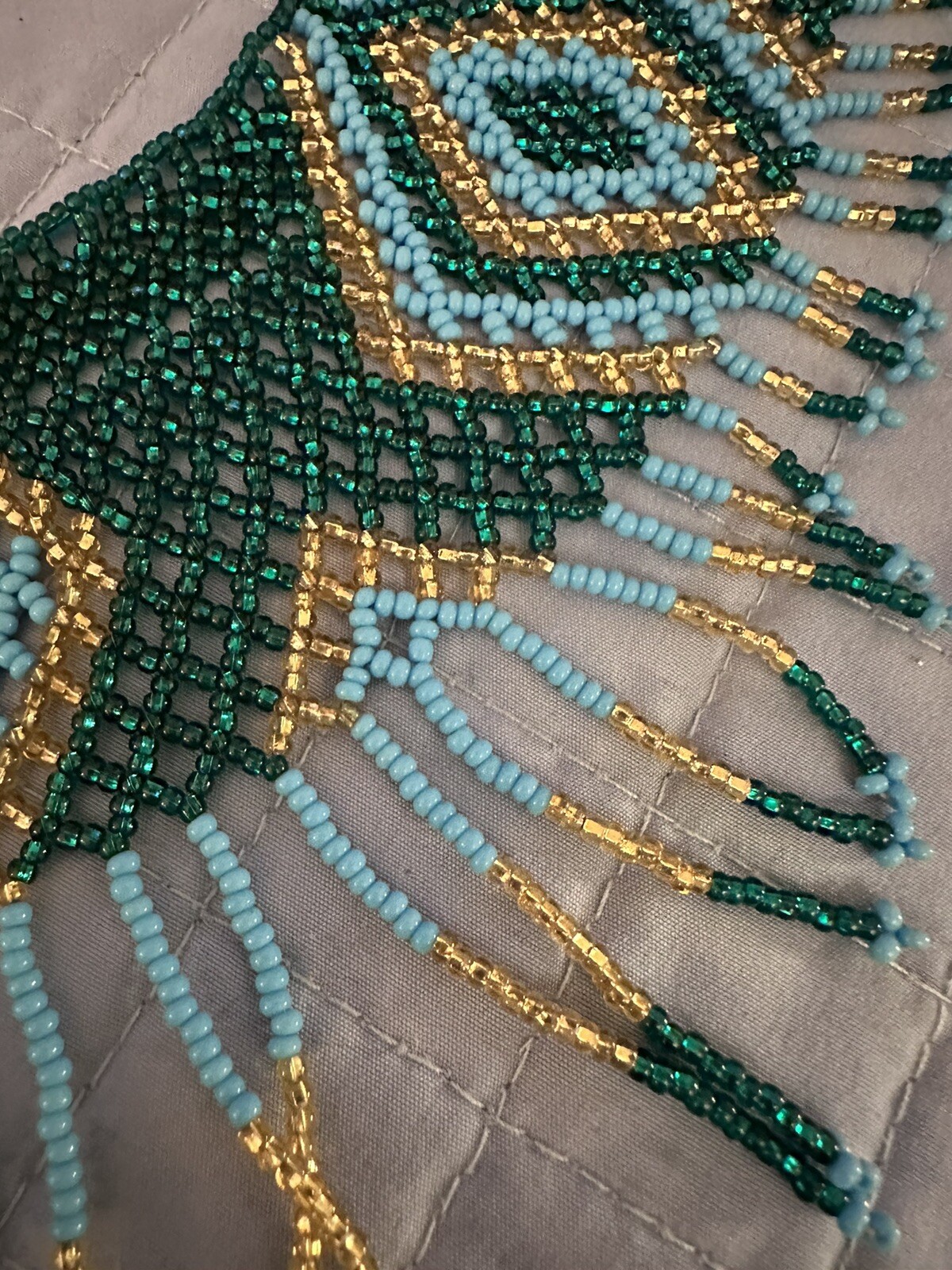 Vintage Bib Blue Green Gold Seed Bead Huichol Fringe Necklace See Desc
