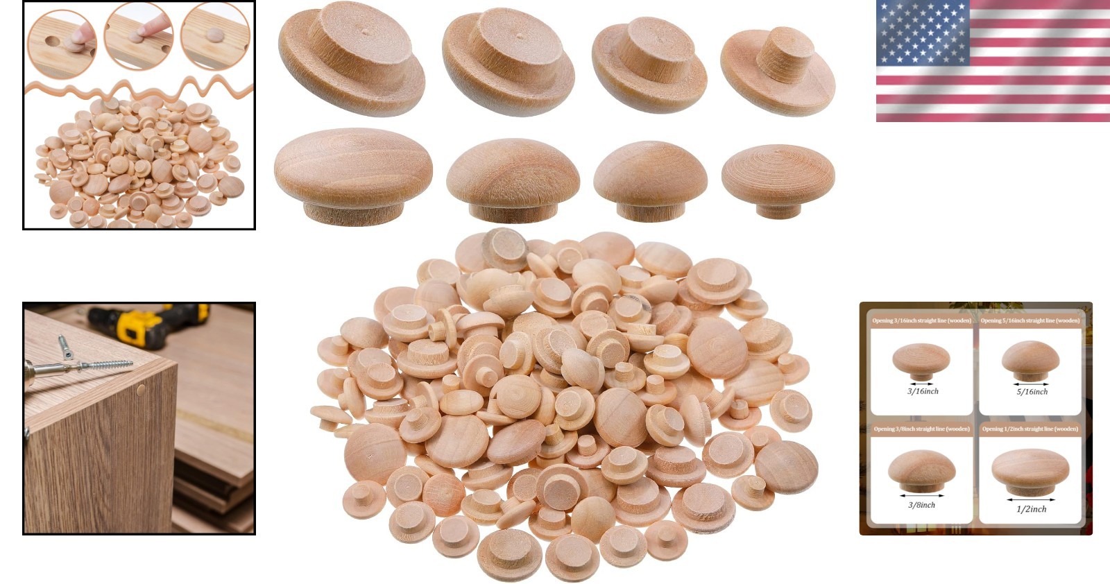 120 Pieces 4 Sizes Wood Plugs Wooden Hole Plugs Button Stoppers Hardwood Hole St