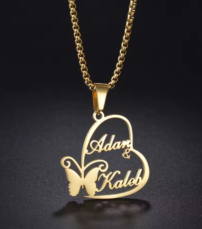 Custom Double Name Heart Butterfly Necklace Pendant Chain Jewelry Love Partner