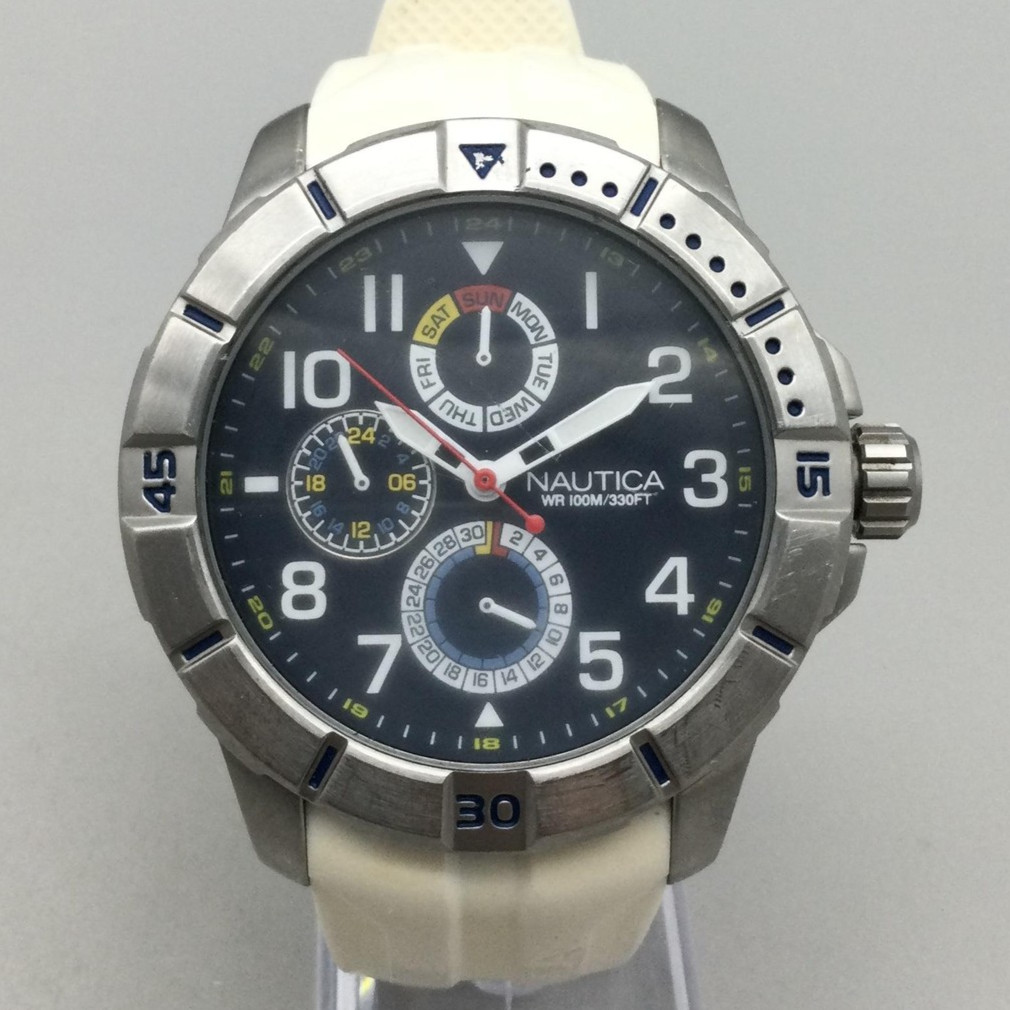 Nautica NA12514G Watch Mens 48mm Stainless Case White Silicone 100M New Battery