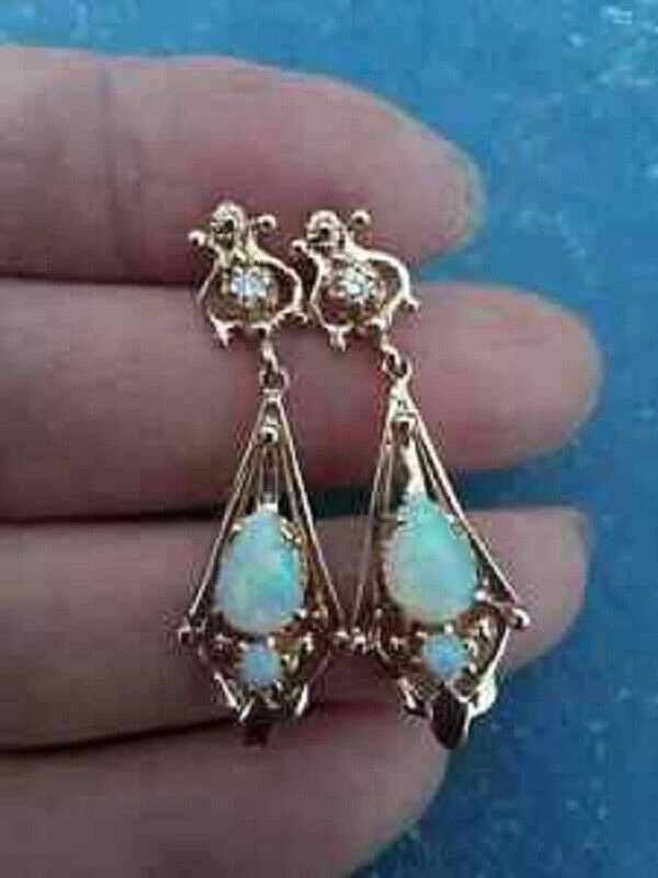 Beautiful 3Ct Pear Cut Fire Opal Drop/Dangle Earrings 14K Yellow Gold Finish