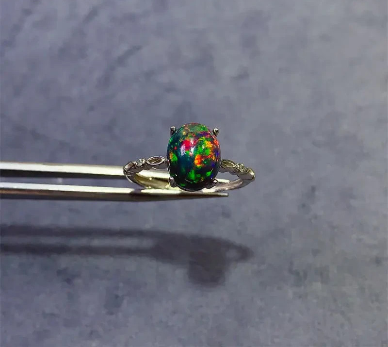 3 Carat Black Fire Opal Gemstone Ring, Natural Black Opal Ring 925 Sterling