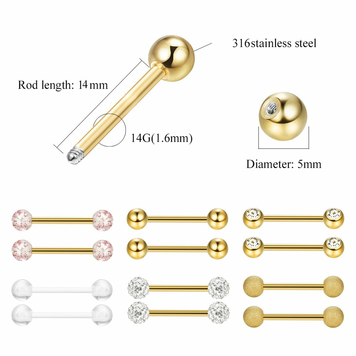 12PCS Stainless Steel Barbell Ball Nipplerings Tongue Ring Lip Rings Piercing