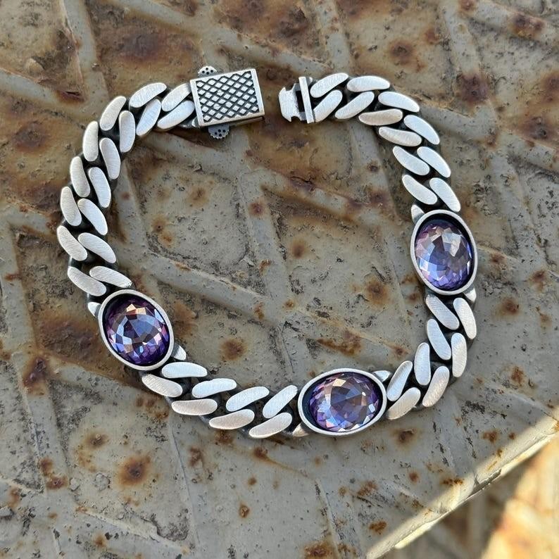 925 Solid Silver Amethyst Curb Chain Bracelet, 10MM Cuban Link Chain Bracelet