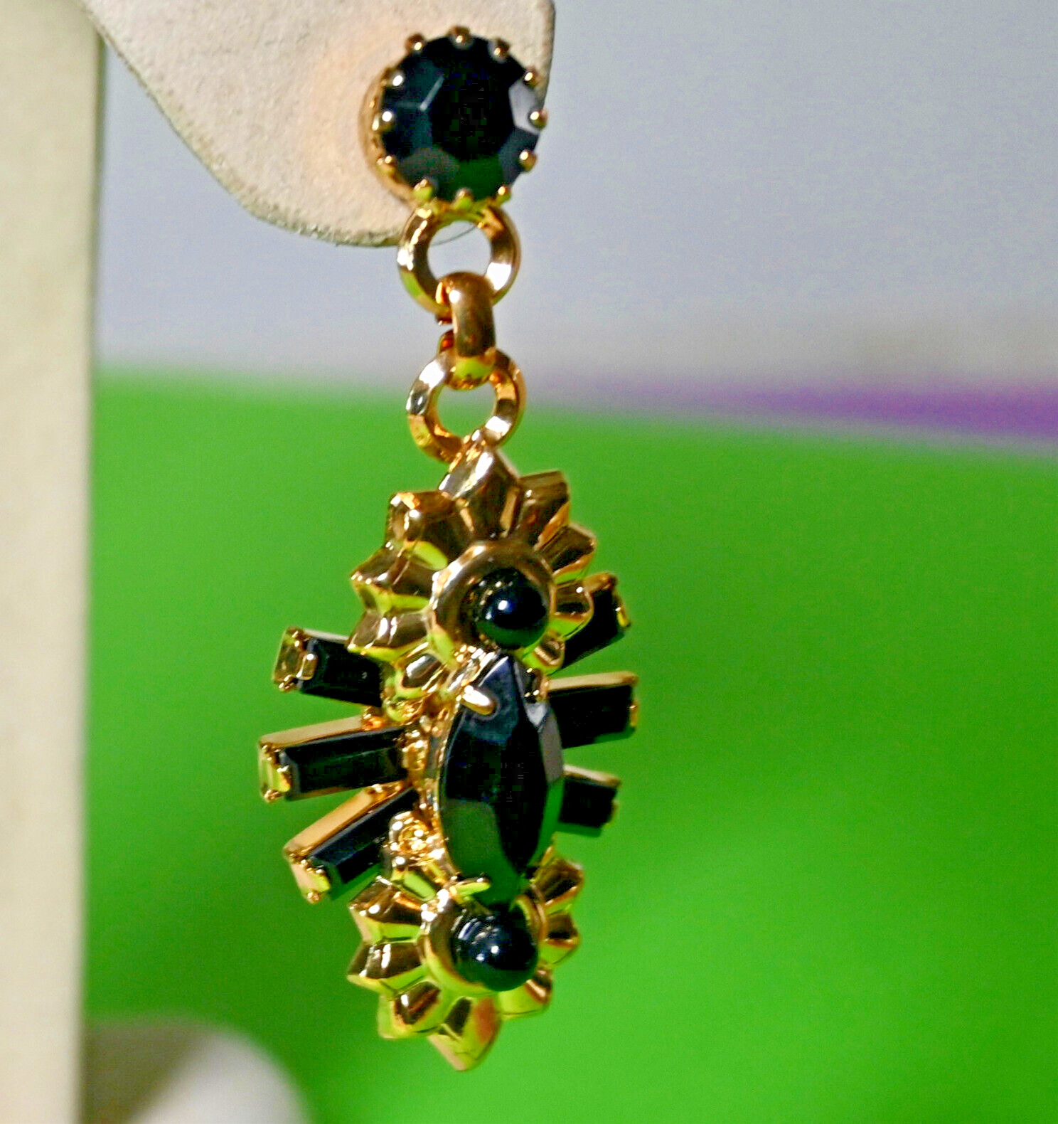 $250 ELIZABETH COLE Jet Crystal Art Deco Drop Marquise Shaped Pierced Earrings