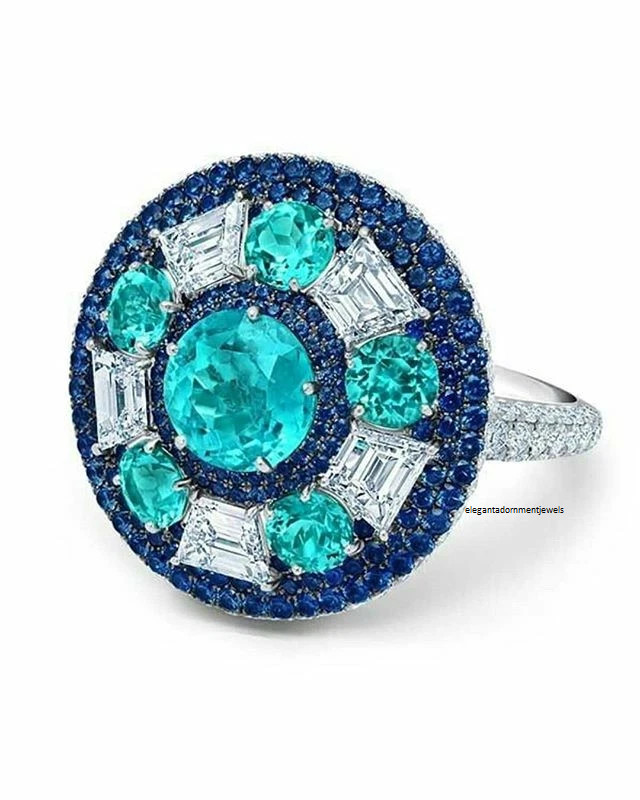 Mint Green Tourmaline, Blue Sapphire & White CZ 22.65CT Beautiful Art Deco Ring