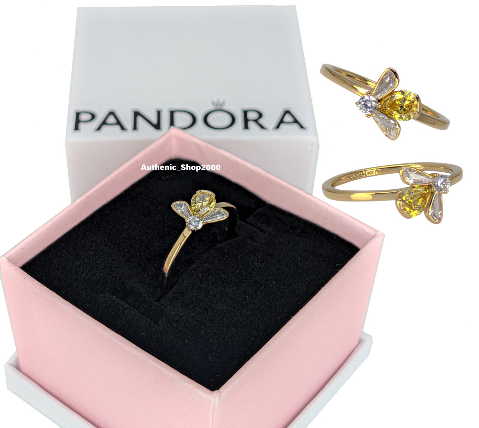 New 100% Authentic PANDORA 14k Gold P Vibrant Yellow Honey Bee Ring 164562C01