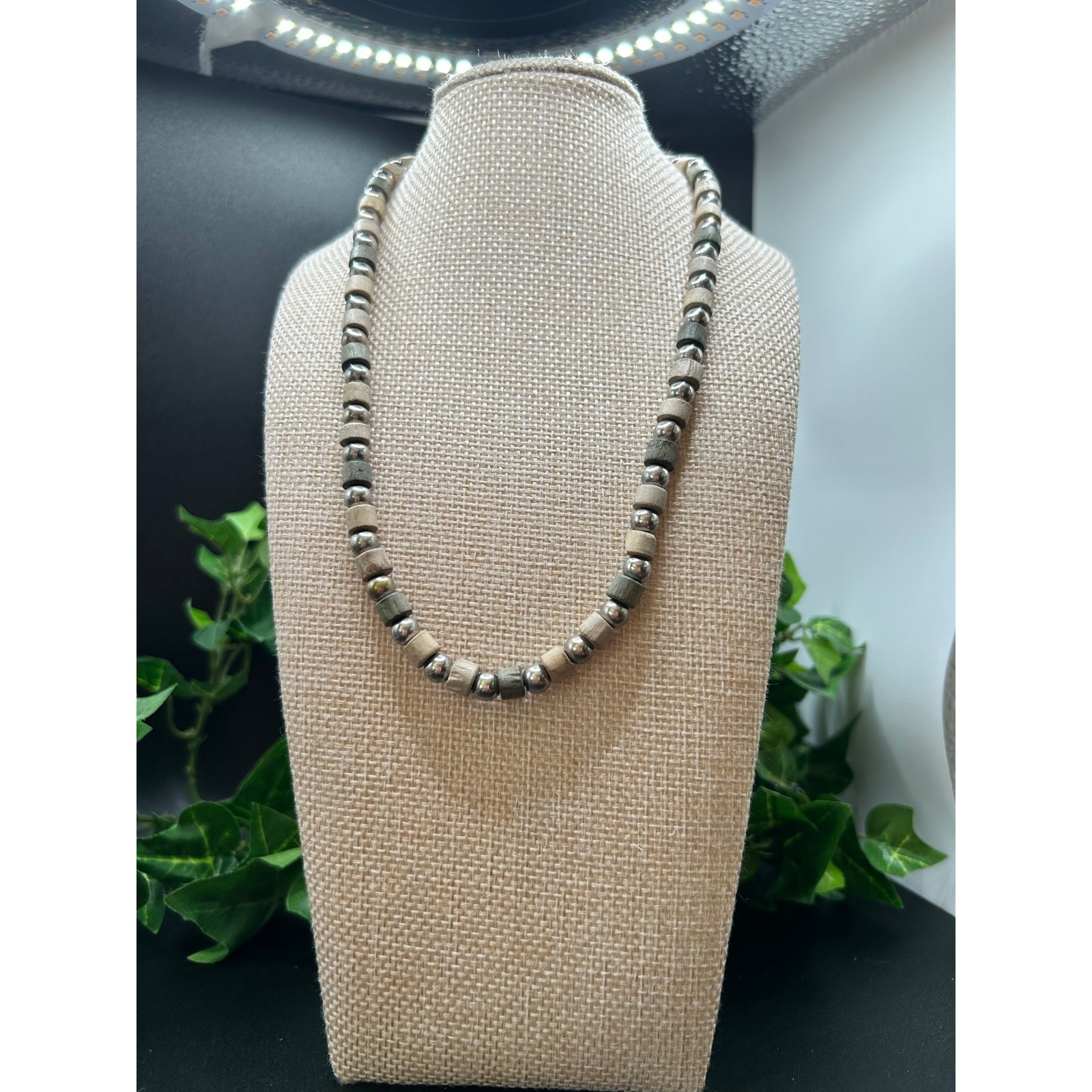 Panama Jack Wood Bead Necklace 18″ Silver Tone Earth Tones Boho Casual New