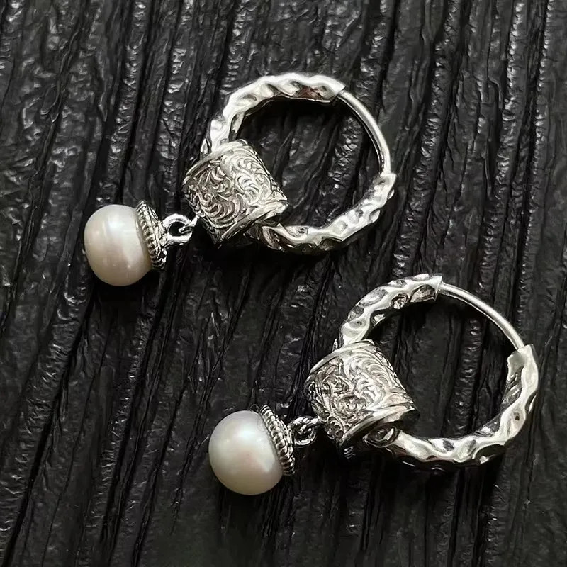 925 Sterling Silver Texture Flower Earrings For Women Gothic Trendy Simple Retro