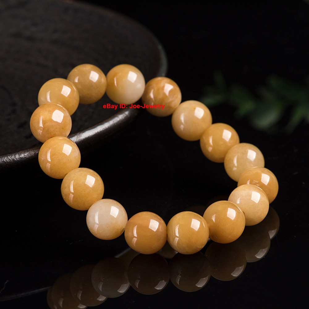 1pcs NEW Natural Grade A Jade 13mm Yellow Chinese Jade Stretch Bracelet 16-18cm