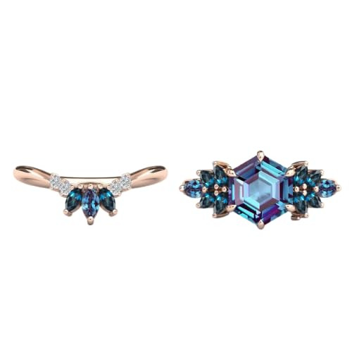 2Pcs Hexagon Cut 925 Silver Cluster Engagement Ring Set for Women (Alexandrite)