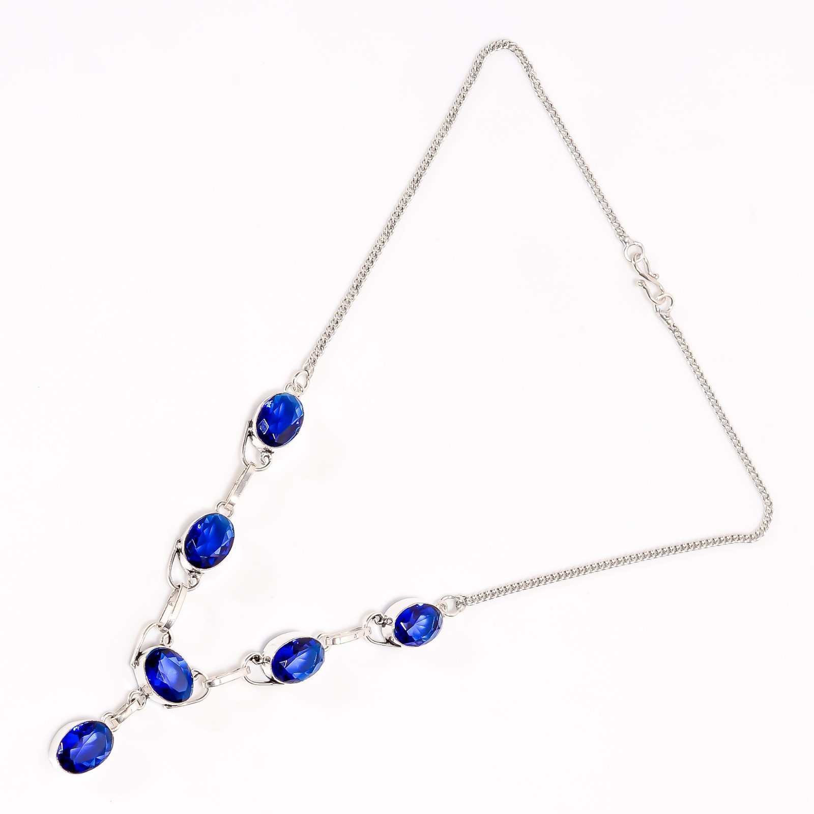 Blue Sapphire Gemstone Necklace 925 Silver Handmade Unique Jewelry 19″ For Women