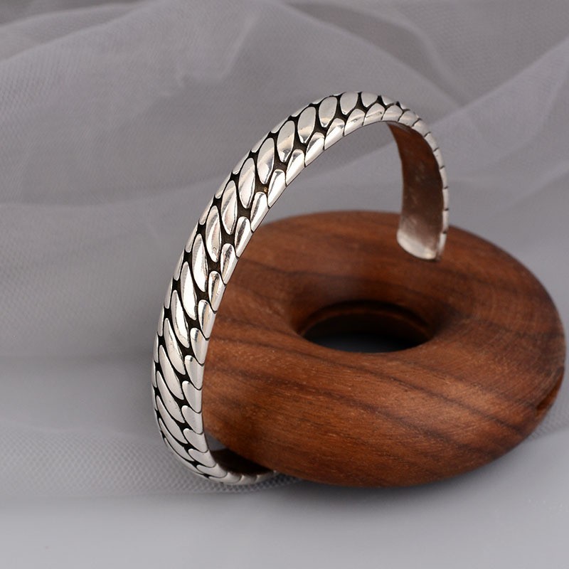Silver Color Retro Oval Pattern Open Bangle Bracelet Minimalist Tibetan Jewelry