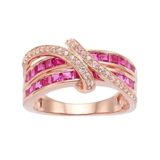 14K Rose Gold Plated 1Ct Princess Cut Lab Created Sapphire Band Engagement Ring